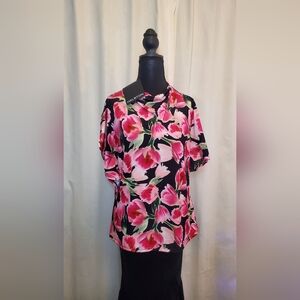 Halston Pink and Black Floral Short-Sleeve Blouse